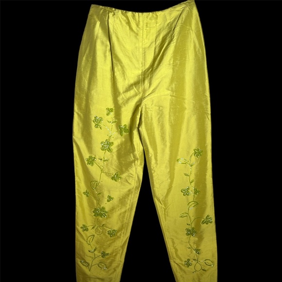 D. Morgan - 100% Silk Beaded Chartreuse 90's Cigarette Pants - Size 6 - Picture 2 of 6